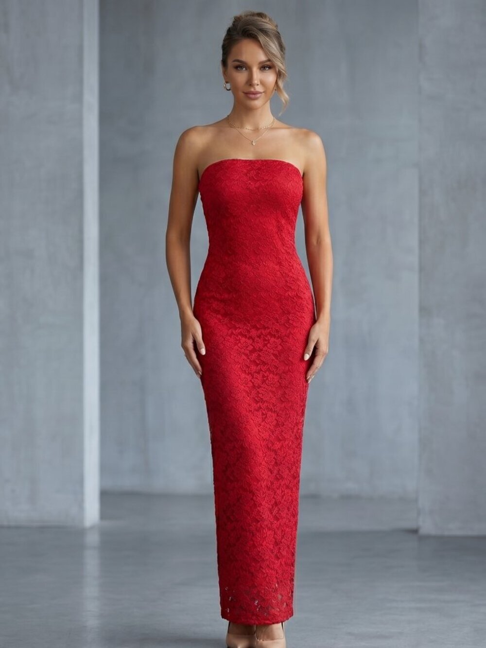 NWT | BTFBM Vibrant Red Lace Strapless Midi Dress | Back Slit | Medium